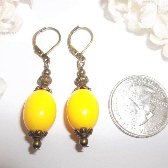 Yellow & Bronze Boho Style Beaded Earrings Dangle and Drop Lever Back Set 5722 - Picture 2 of 6